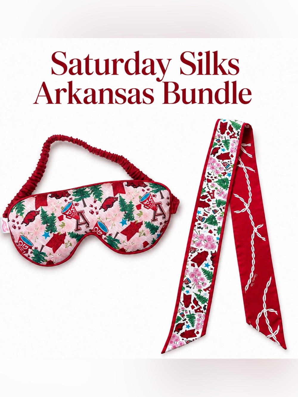 Saturday Silks Arkansas Razorbacks Twilly Scarf + Sleep Mask Bundle | 100% Silk